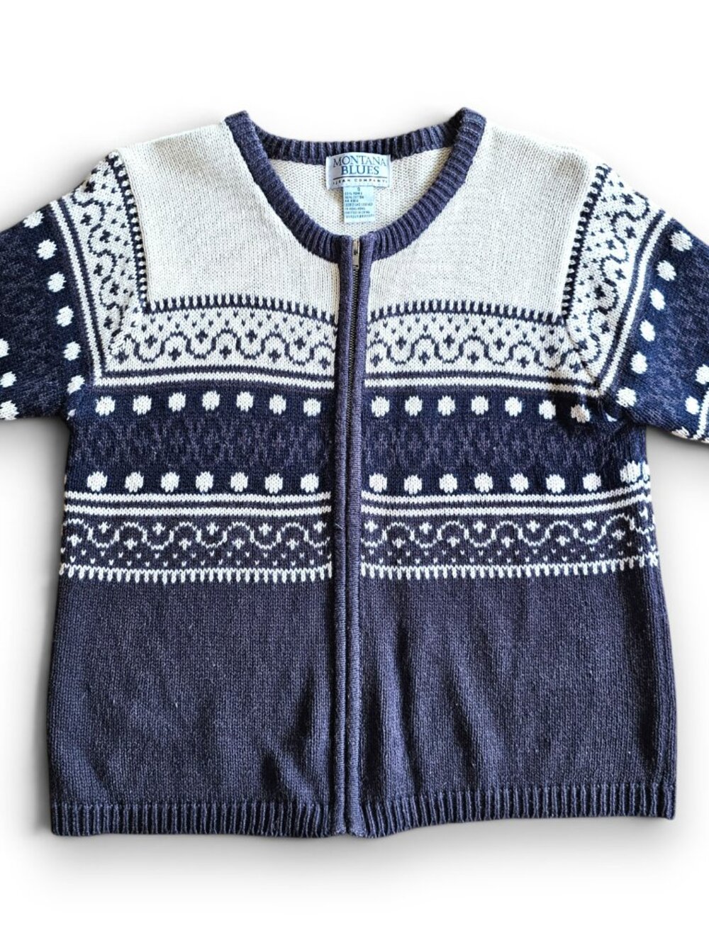 Montana Blues Womens Short Sleeve Zip Sweater Fair Isle Ramie Vintage Size S